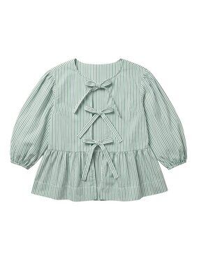 NWOT Green White Striped Tie Front Triple Bow Peplum Babydoll Blouse Shirt Small